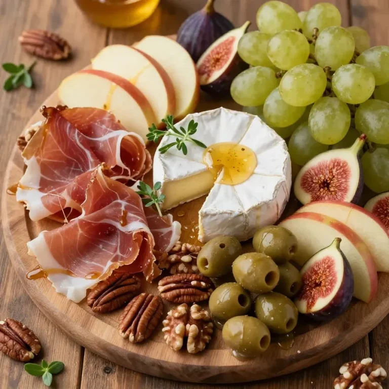 Tabla de embutidos artesanales con quesos y frutas frescas.