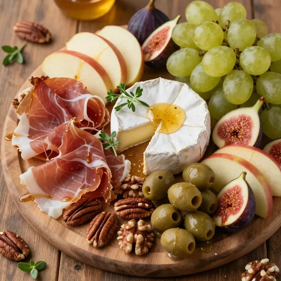 Tabla de embutidos artesanales con quesos y frutas frescas.