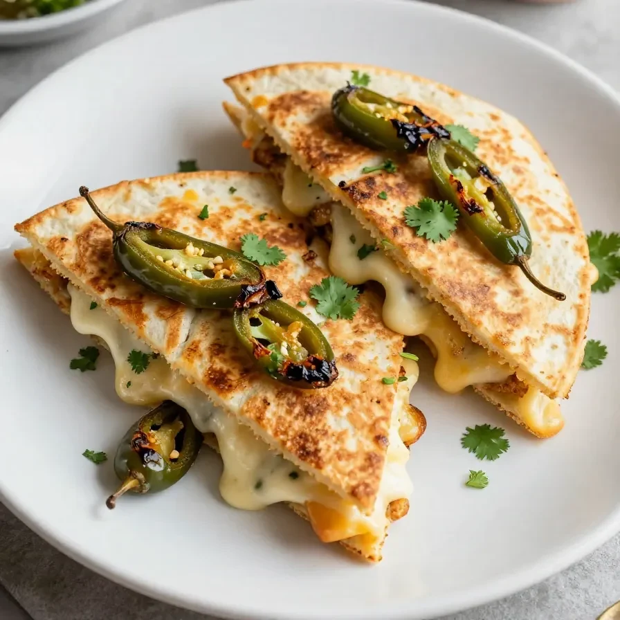 Una quesadilla rellena de chile poblano asado y queso derretido en un plato blanco.