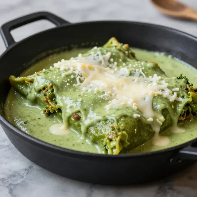 Plato de enchiladas verdes mexicanas servido con crema y queso fresco.