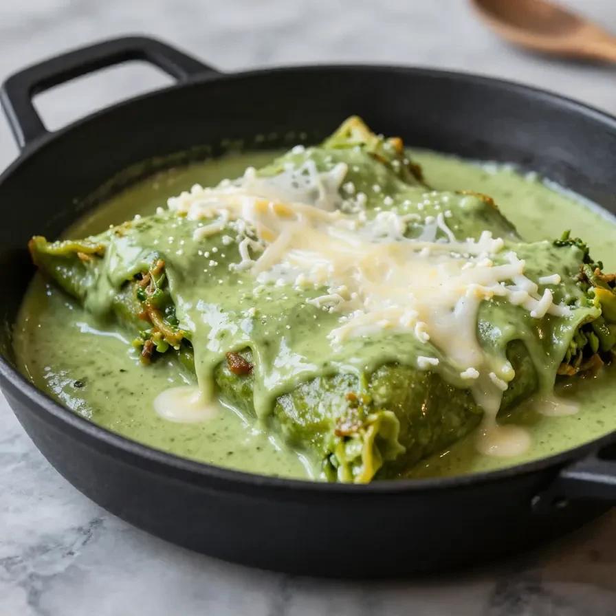 Plato de enchiladas verdes mexicanas servido con crema y queso fresco.