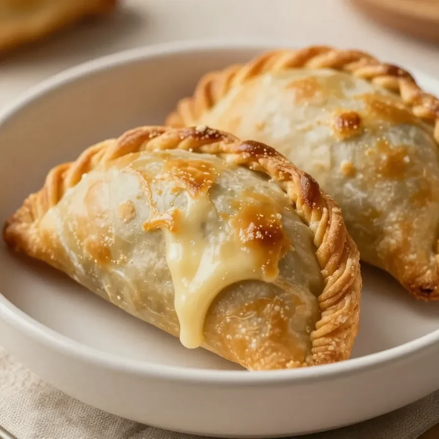 Empanadas de queso fritas doradas y crujientes servidas en un plato blanco.