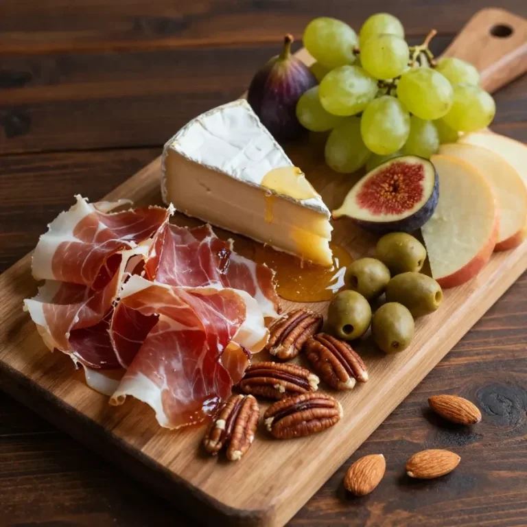 Una tabla de embutidos artesanal con una selección de quesos, jamones y frutos secos.