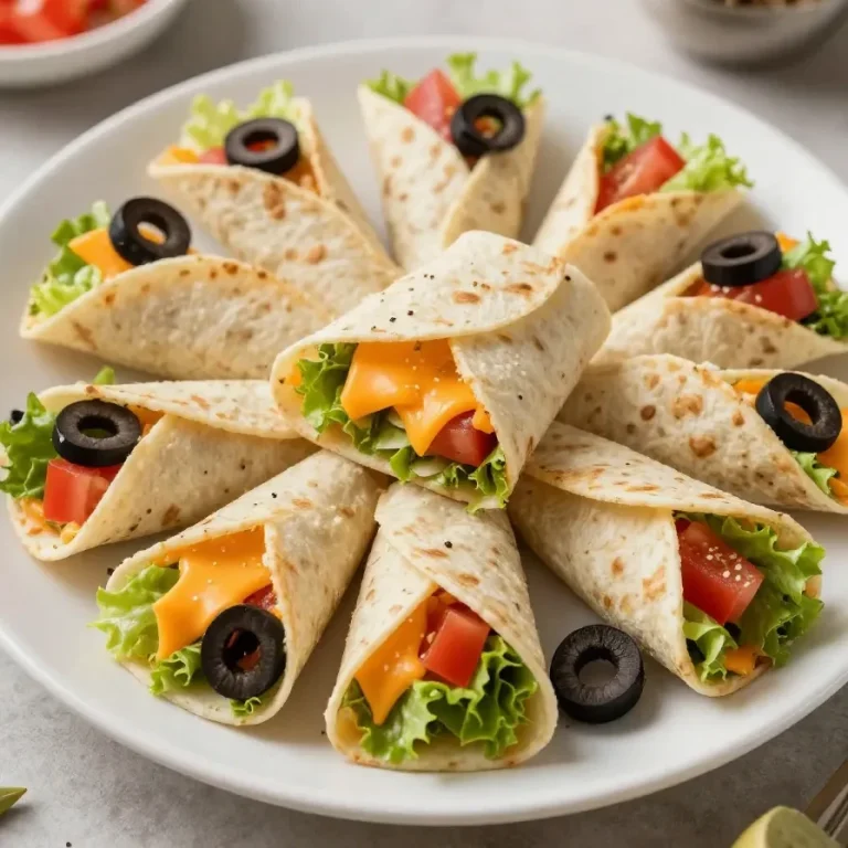 Ruedas de pinchos de tacos con queso crema servidas en un plato blanco.