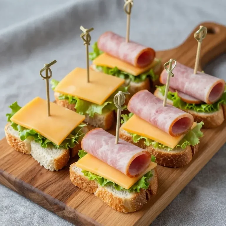 Una bandeja con mini sándwiches variados decorados con hierbas frescas.