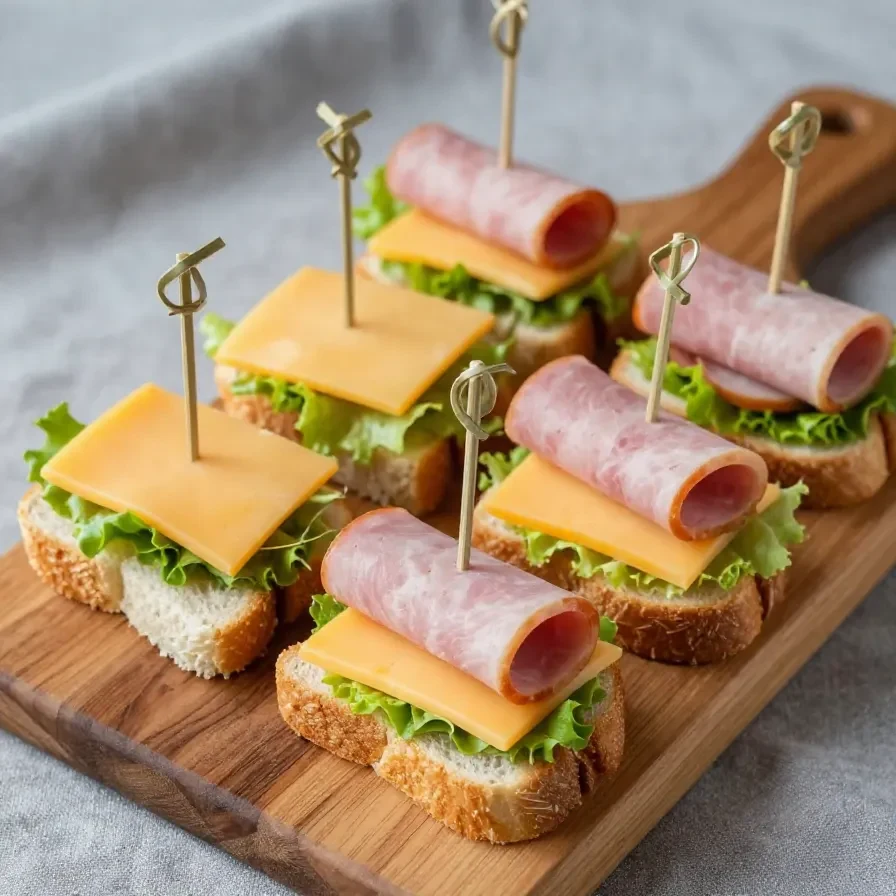 Una bandeja con mini sándwiches variados decorados con hierbas frescas.