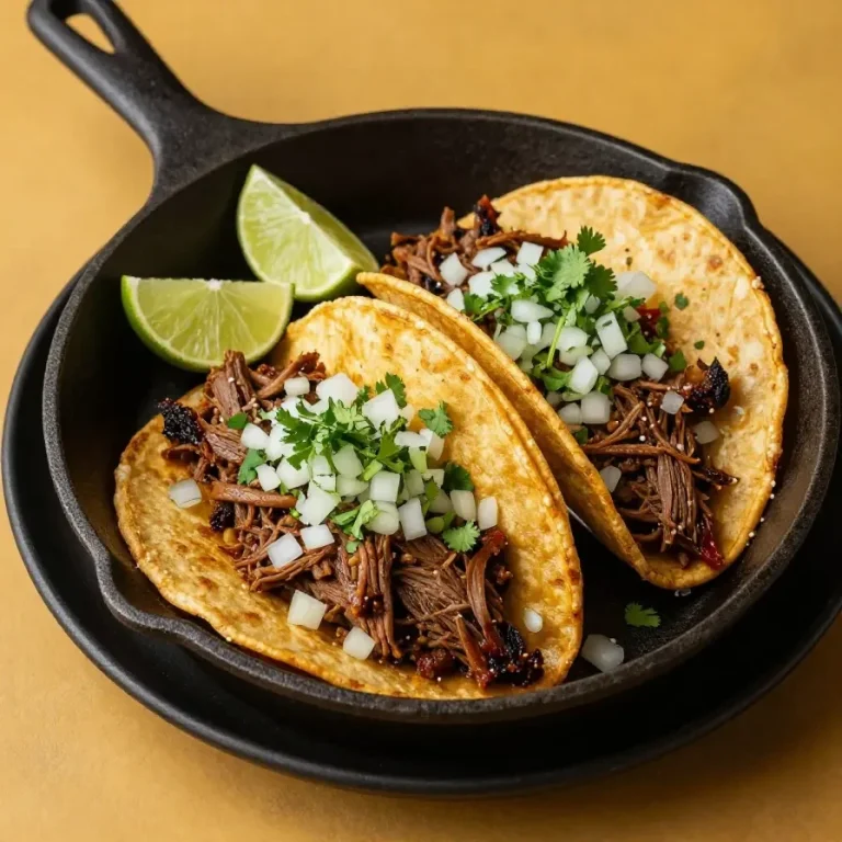 Tacos de birria servidos en un plato con salsa roja y limón.