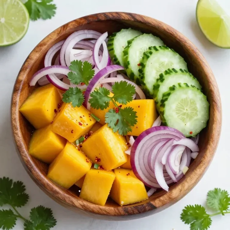 Ensalada fresca de mango con hojas verdes y aderezo ligero.