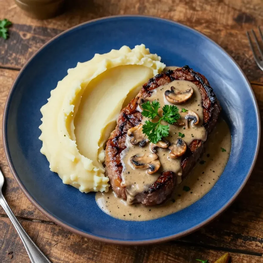 Un bistec jugoso servido en un plato blanco con una salsa cremosa encima.